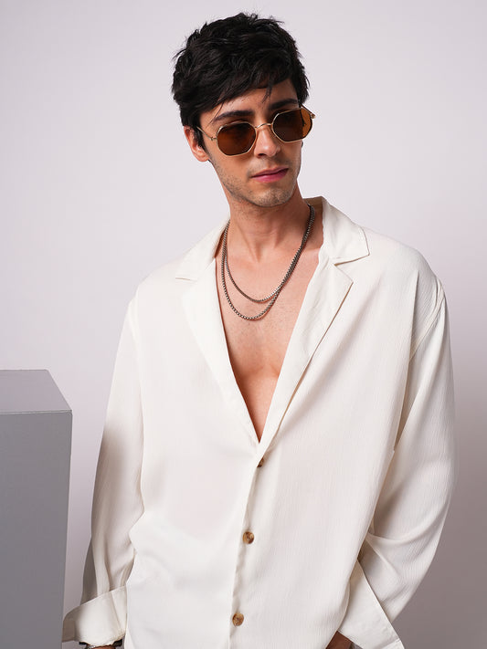 Pure White Hue Crinkled Lapel Collar Oversized Shirt