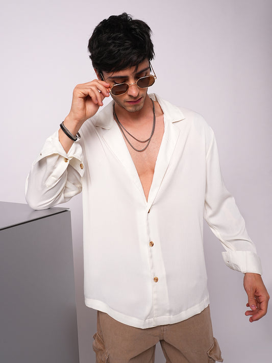 Pure White Hue Crinkled Lapel Collar Oversized Shirt