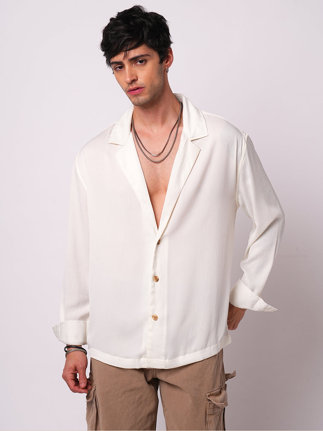 Pure White Hue Crinkled Lapel Collar Oversized Shirt