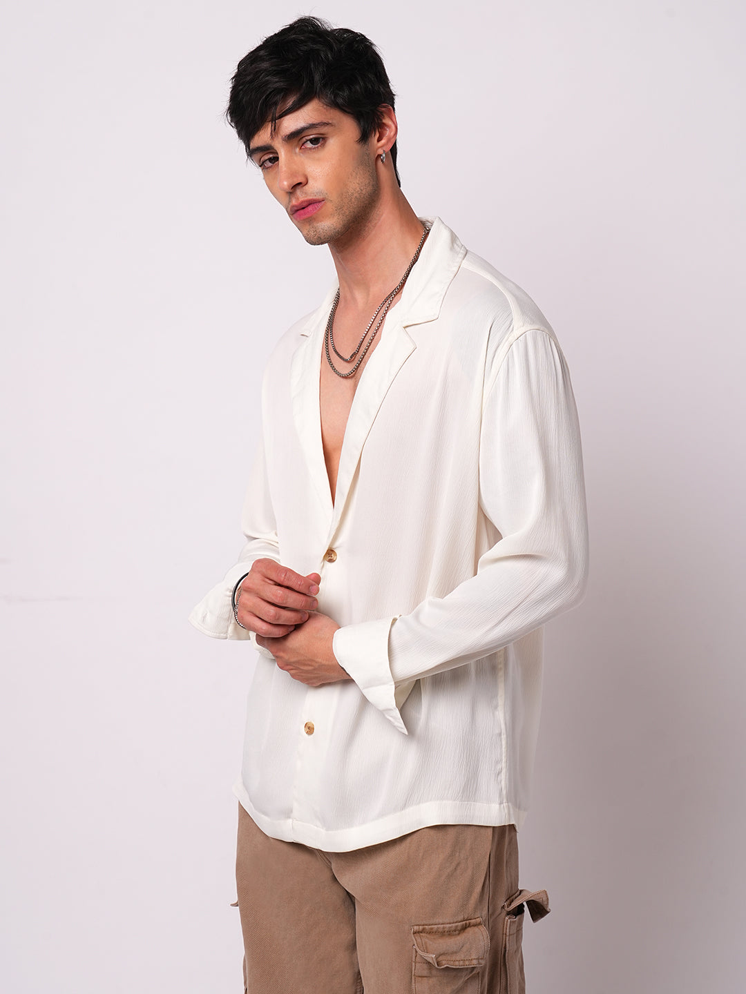 Pure White Hue Crinkled Lapel Collar Oversized Shirt