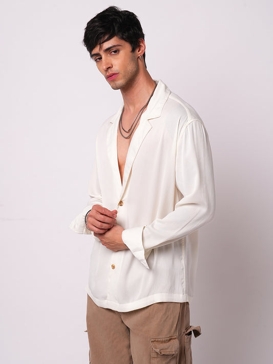 Pure White Hue Crinkled Lapel Collar Oversized Shirt
