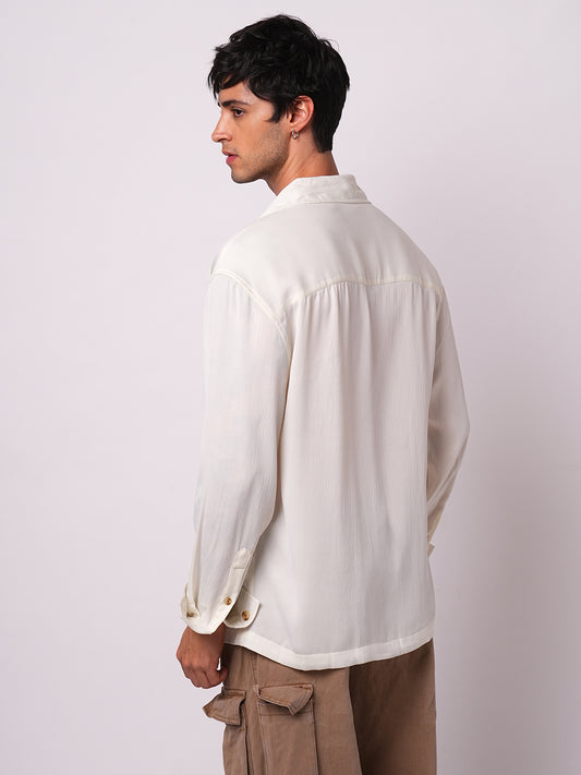 Pure White Hue Crinkled Lapel Collar Oversized Shirt