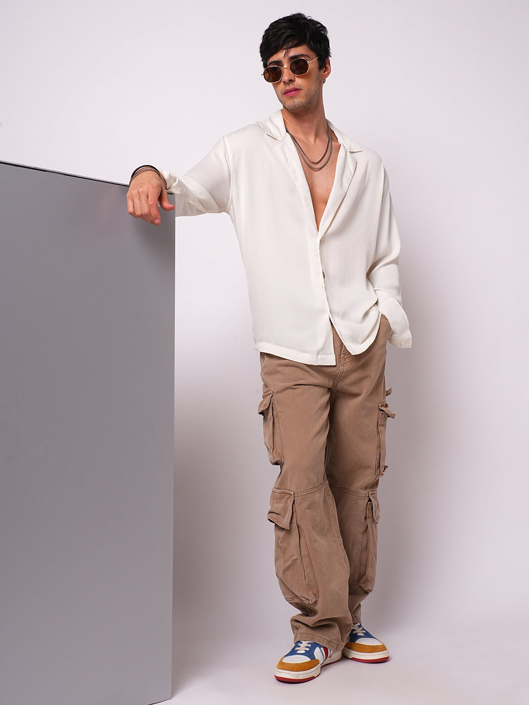 Pure White Hue Crinkled Lapel Collar Oversized Shirt