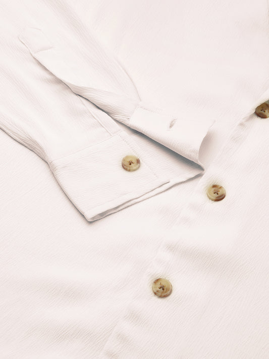Pure White Hue Crinkled Lapel Collar Oversized Shirt