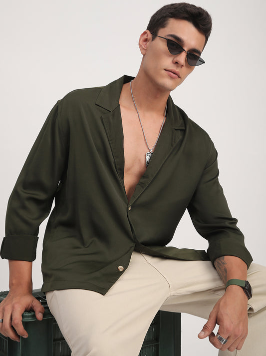 Elegant Green Crinkled Lapel Collar Oversized Shirt