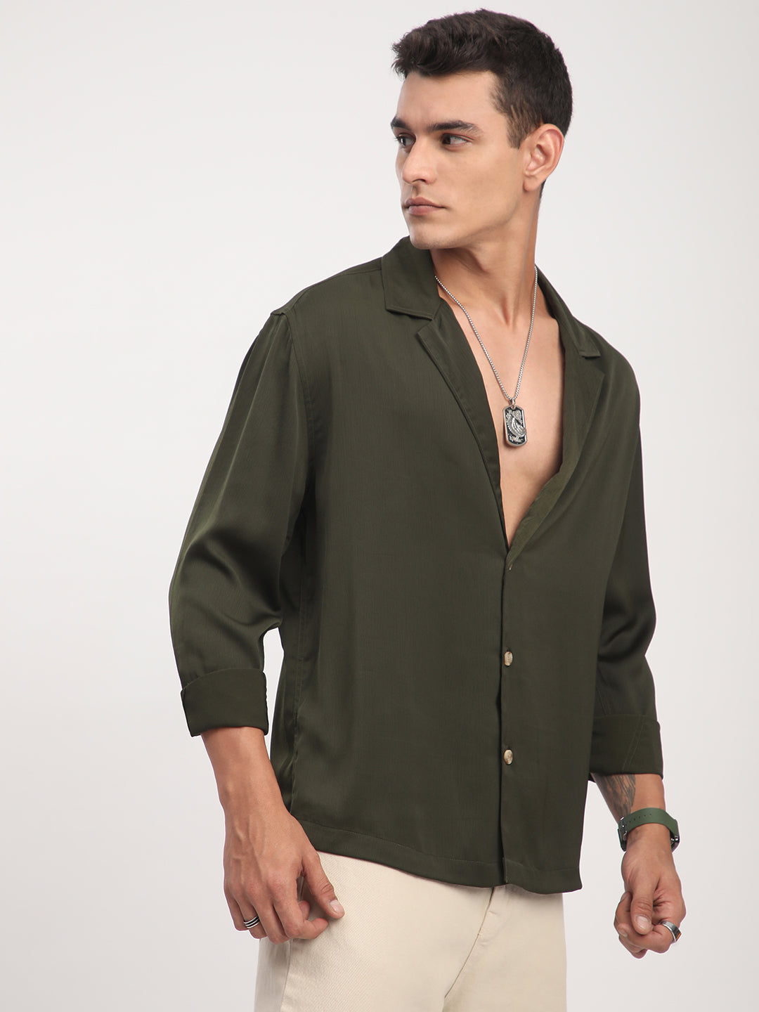 Elegant Green Crinkled Lapel Collar Oversized Shirt