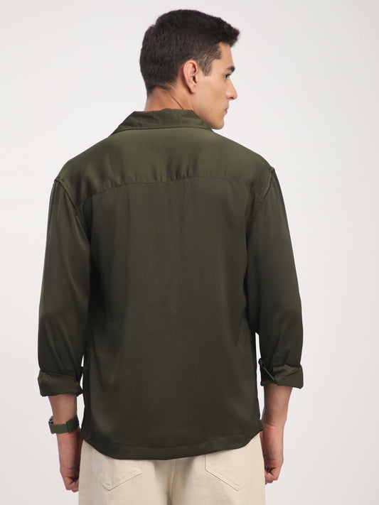 Elegant Green Crinkled Lapel Collar Oversized Shirt