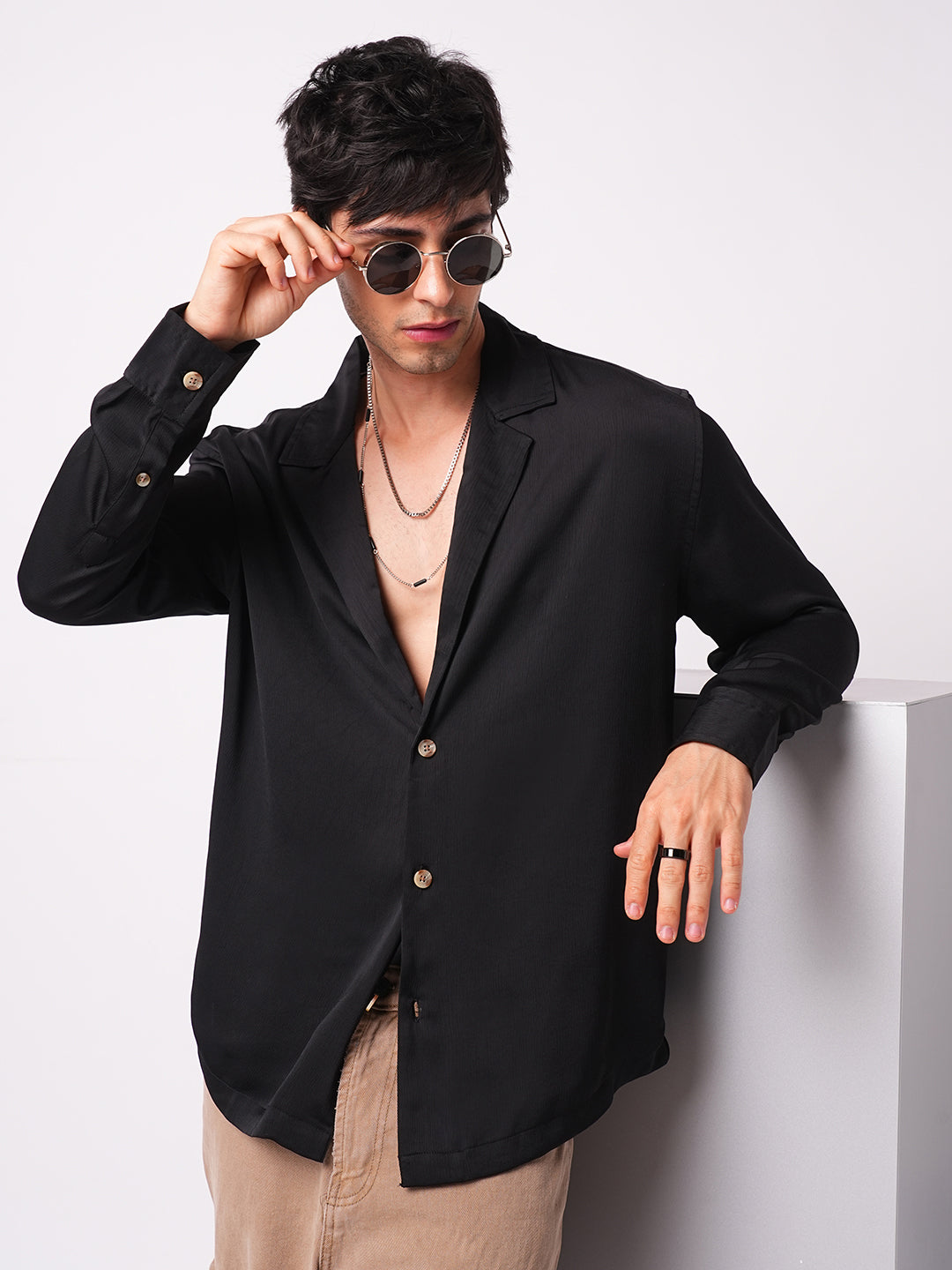 Low key Luxe Black Lapel Collar Oversized Shirt