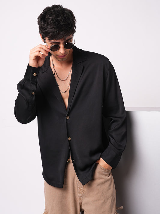 Low key Luxe Black Lapel Collar Oversized Shirt
