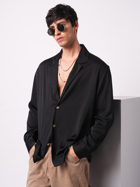 Low key Luxe Black Lapel Collar Oversized Shirt