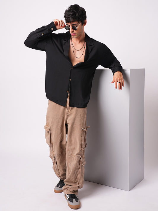 Low key Luxe Black Lapel Collar Oversized Shirt