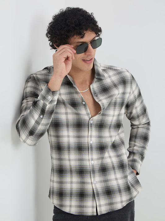 Premium Cotton Exquisite White & Olive Plaid Checks Shirt