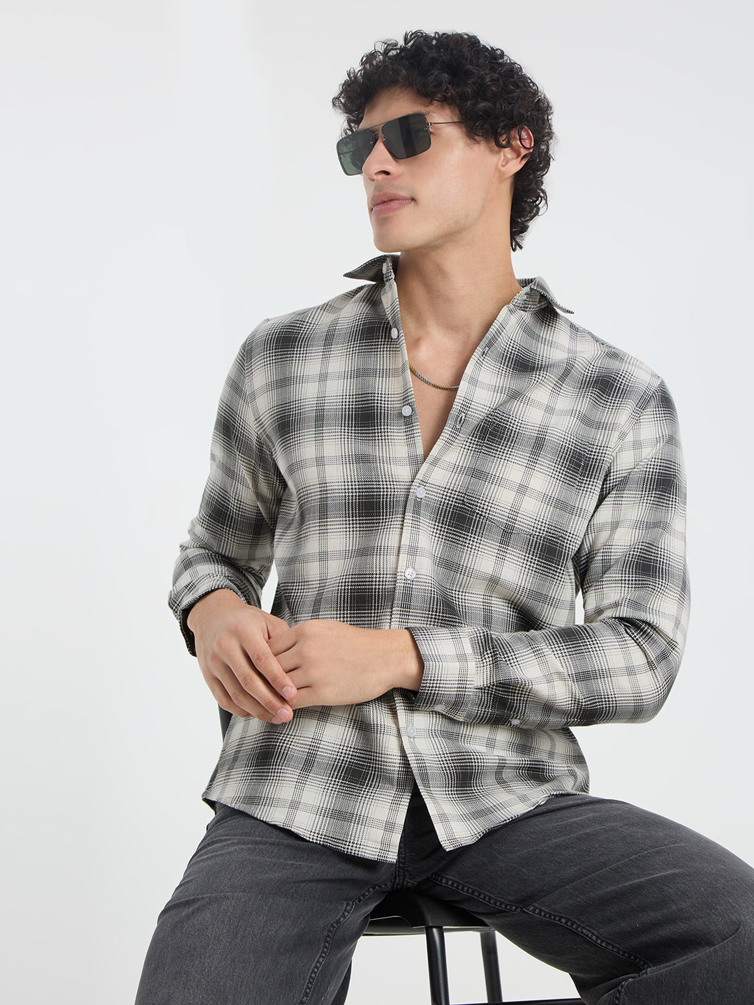 Premium Cotton Exquisite White & Olive Plaid Checks Shirt