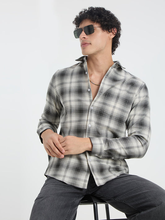 Premium Cotton Exquisite White & Olive Plaid Checks Shirt