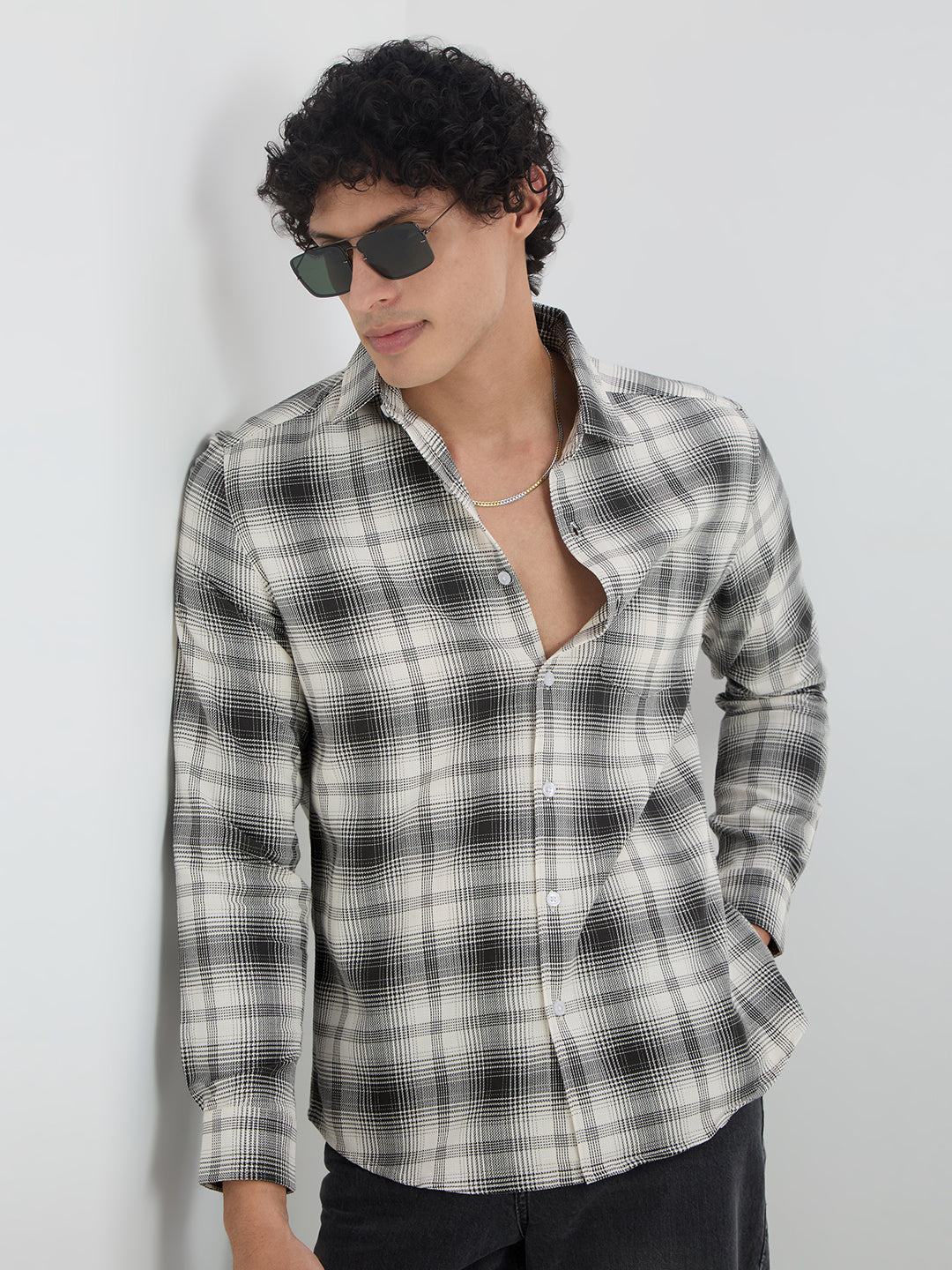 Premium Cotton Exquisite White & Olive Plaid Checks Shirt