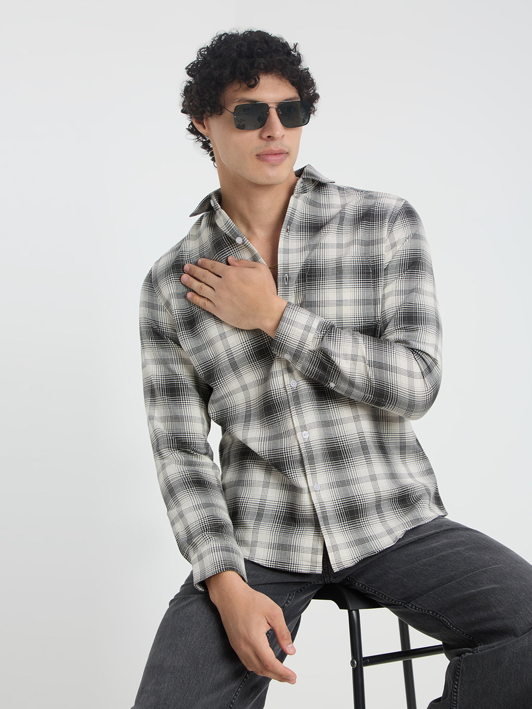 Premium Cotton Exquisite White & Olive Plaid Checks Shirt