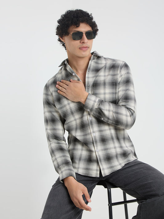 Premium Cotton Exquisite White & Olive Plaid Checks Shirt