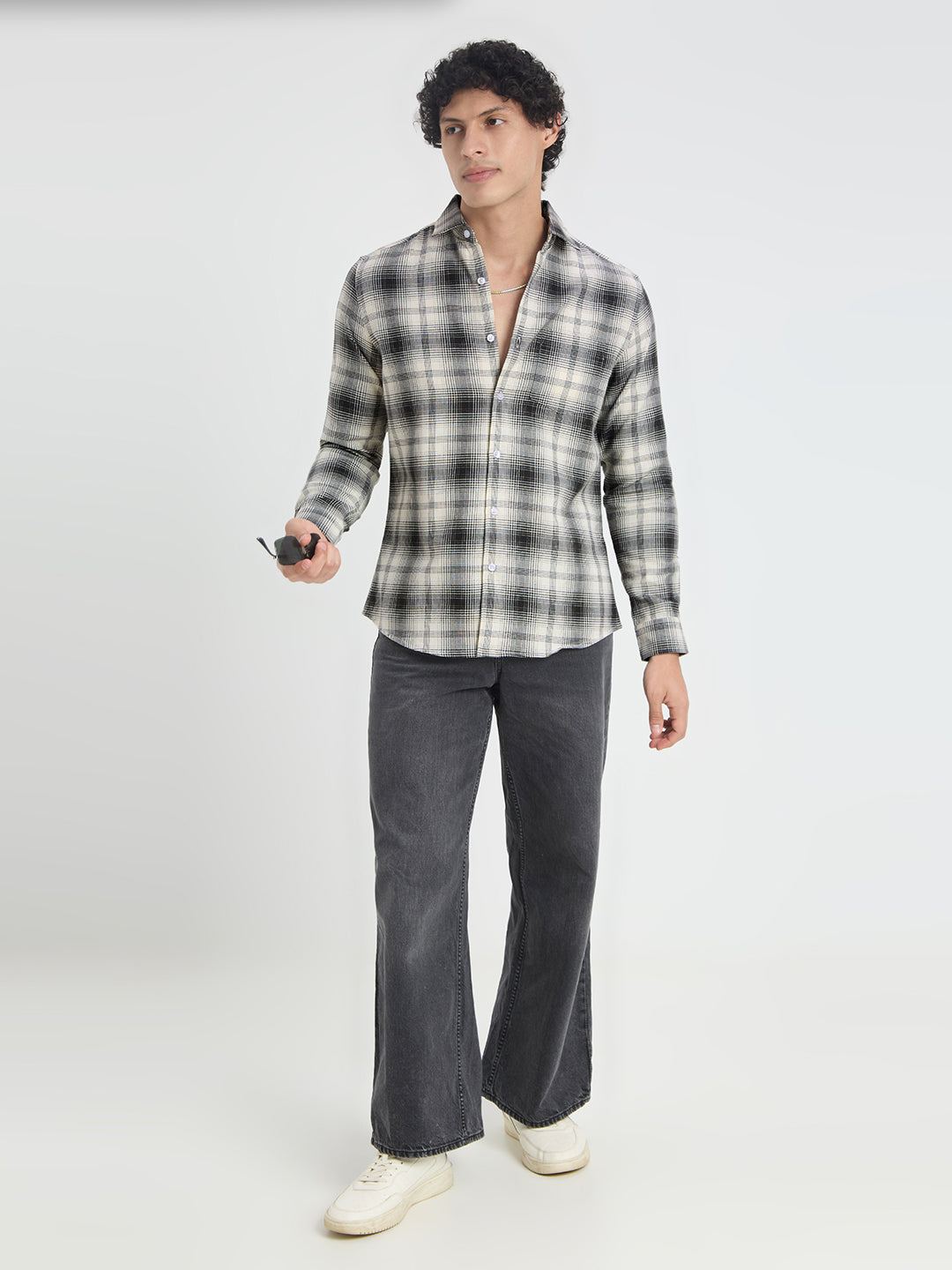 Premium Cotton Exquisite White & Olive Plaid Checks Shirt