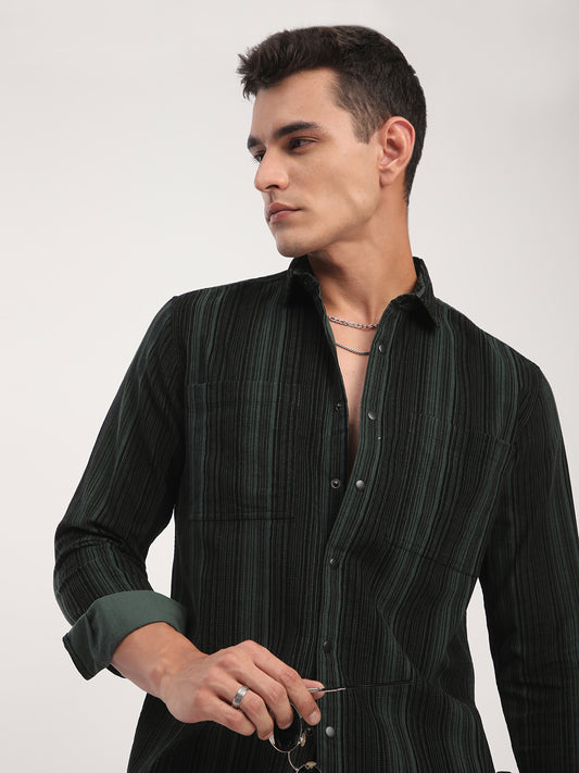 Dark Green Striped Double Pocket Corduroy Shirt