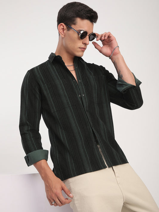 Dark Green Striped Double Pocket Corduroy Shirt