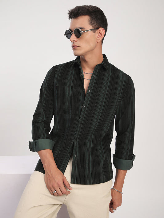 Dark Green Striped Double Pocket Corduroy Shirt