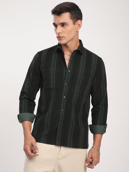 Dark Green Striped Double Pocket Corduroy Shirt
