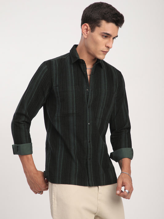 Dark Green Striped Double Pocket Corduroy Shirt
