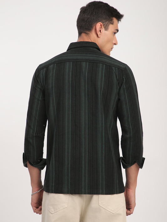 Dark Green Striped Double Pocket Corduroy Shirt