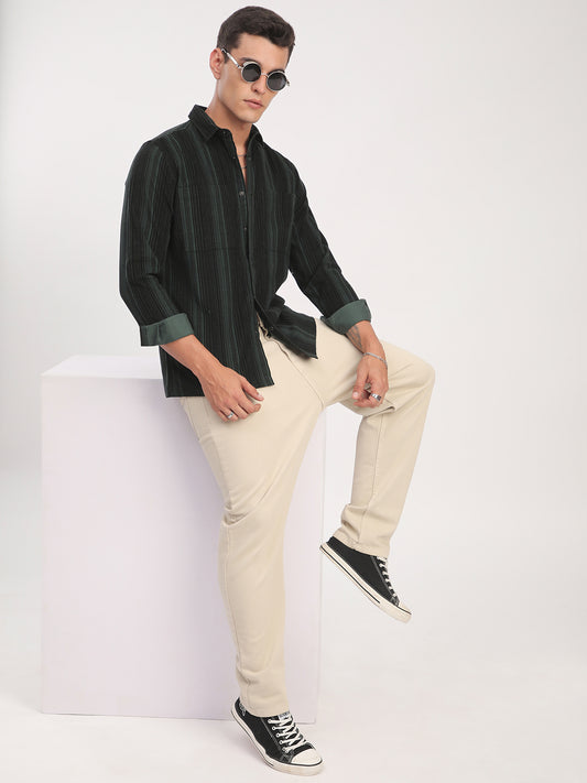 Dark Green Striped Double Pocket Corduroy Shirt
