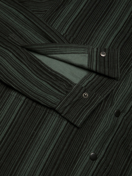 Dark Green Striped Double Pocket Corduroy Shirt