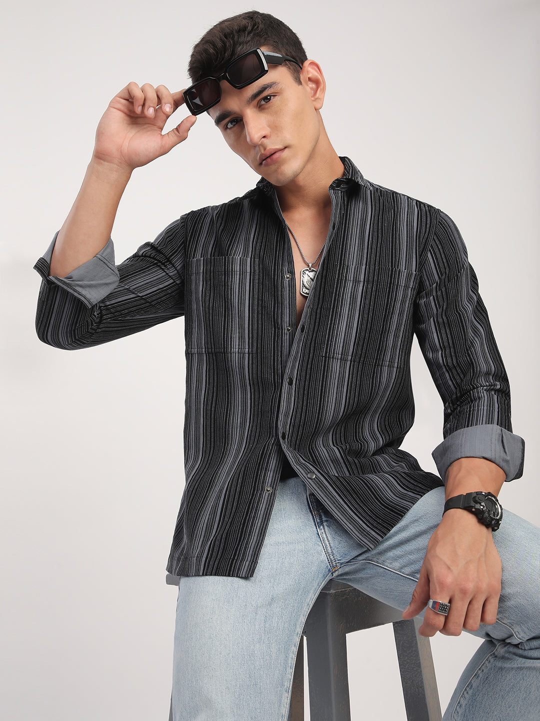 Graphite Striped Double Pocket Corduroy Shirt