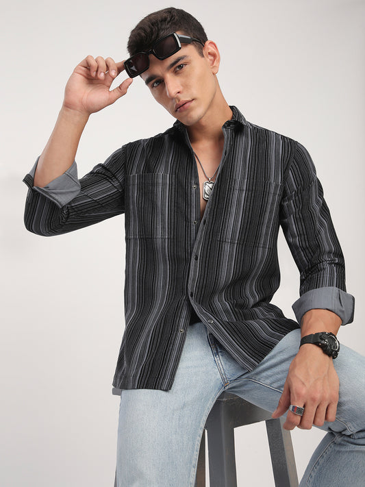 Graphite Striped Double Pocket Corduroy Shirt