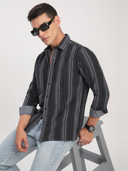 Graphite Striped Double Pocket Corduroy Shirt