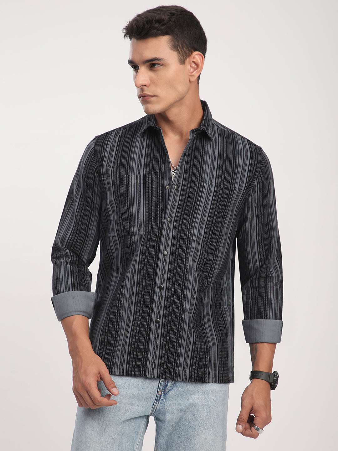 Graphite Striped Double Pocket Corduroy Shirt