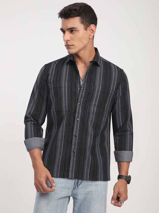 Graphite Striped Double Pocket Corduroy Shirt