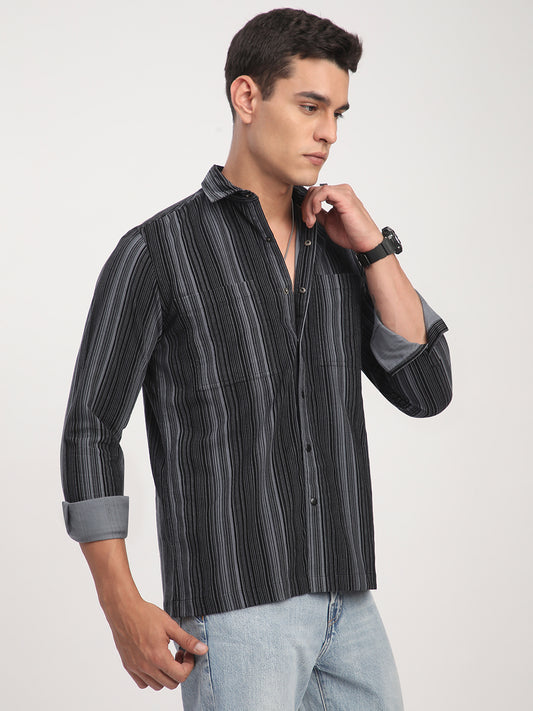 Graphite Striped Double Pocket Corduroy Shirt