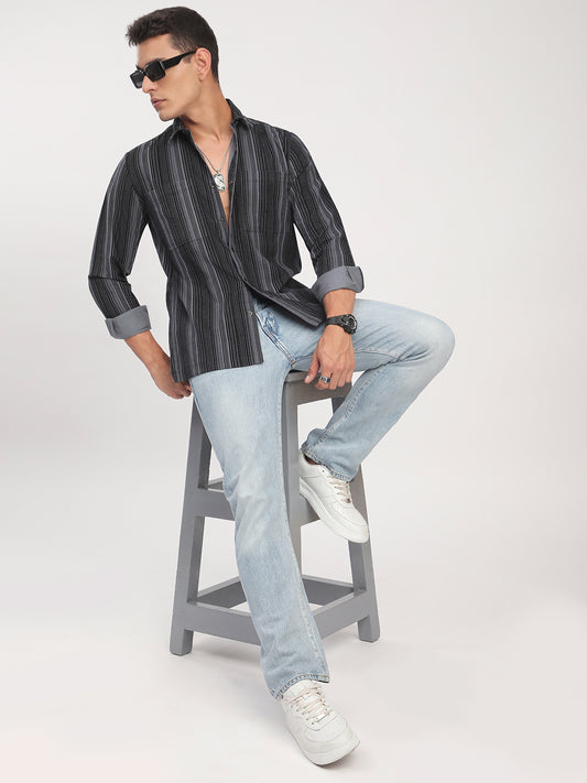 Graphite Striped Double Pocket Corduroy Shirt