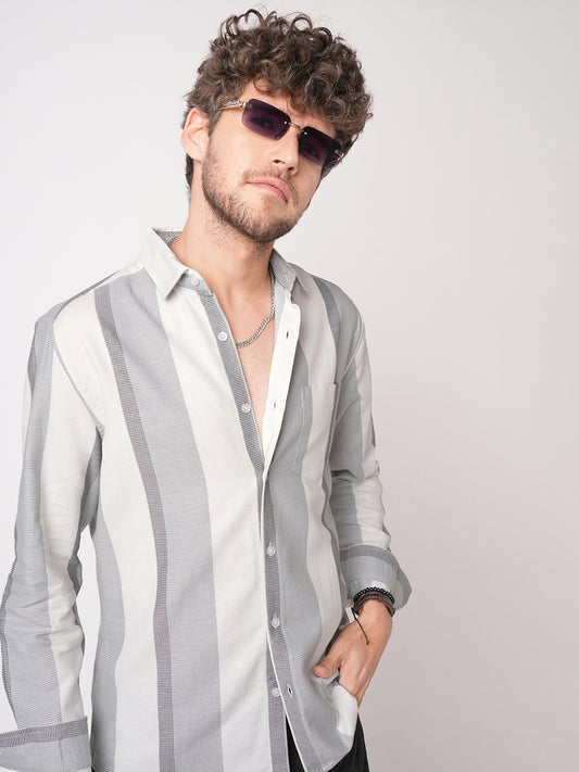 Premium Cotton Classic Dual Tone Broad Stripes Grey Shirt