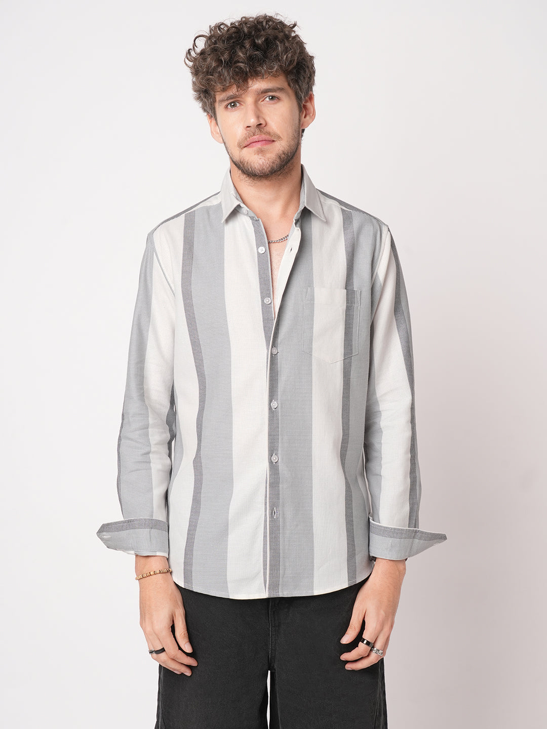 Premium Cotton Classic Dual Tone Broad Stripes Grey Shirt