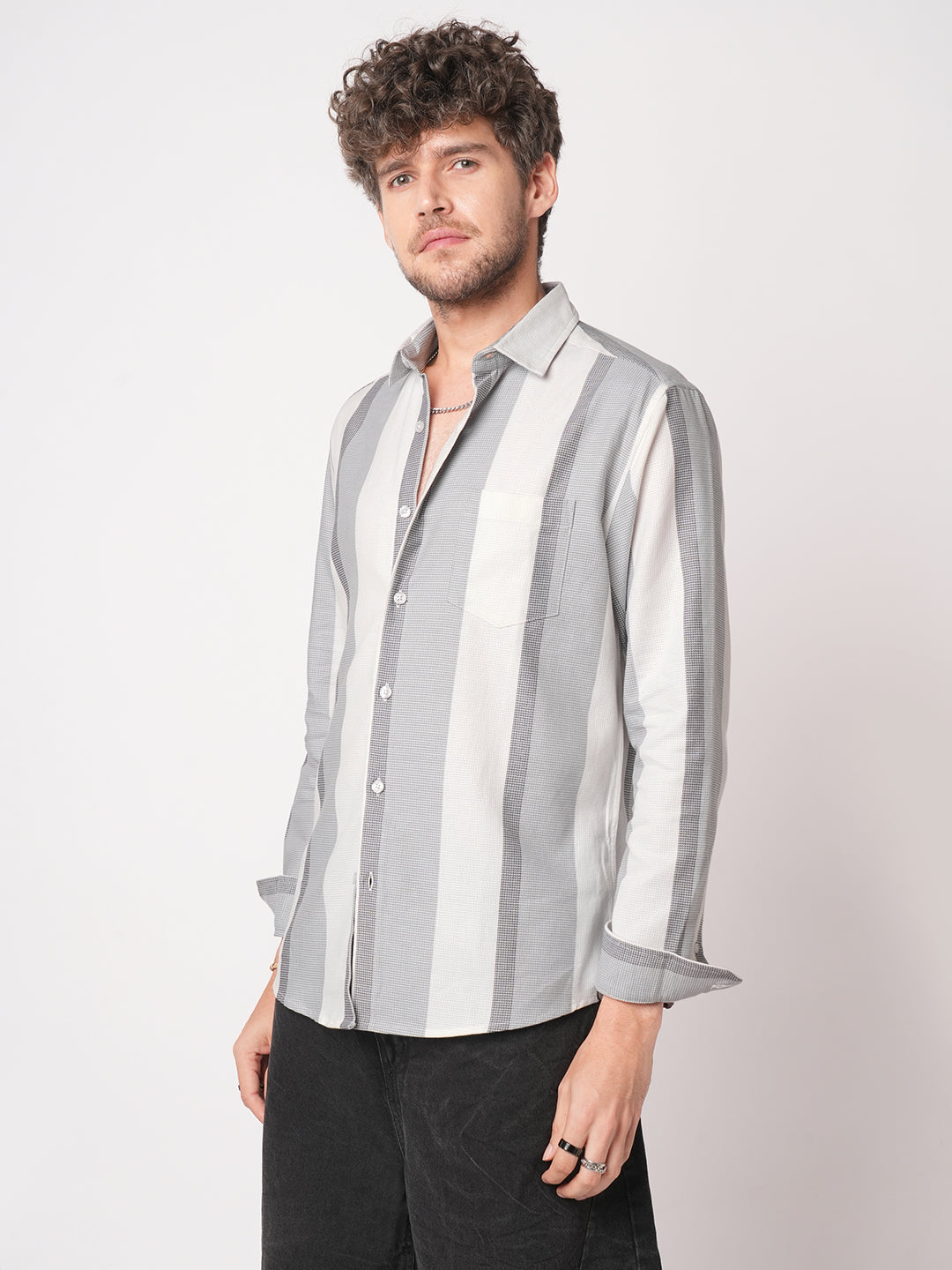 Premium Cotton Classic Dual Tone Broad Stripes Grey Shirt