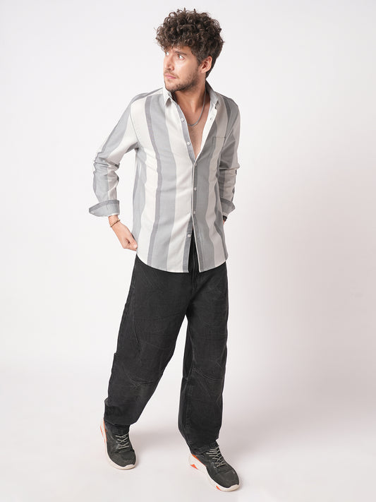 Premium Cotton Classic Dual Tone Broad Stripes Grey Shirt