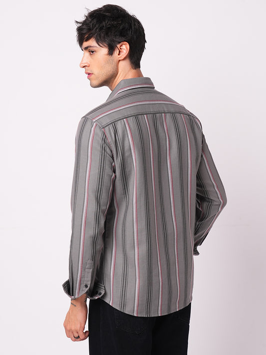 Premium Cotton Cityscape Grey and Red Stripe Shirt