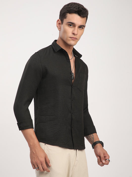Black Minimalist Solid Crinkled Shirt