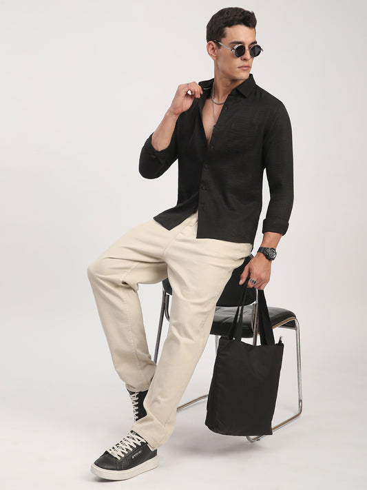 Black Minimalist Solid Crinkled Shirt