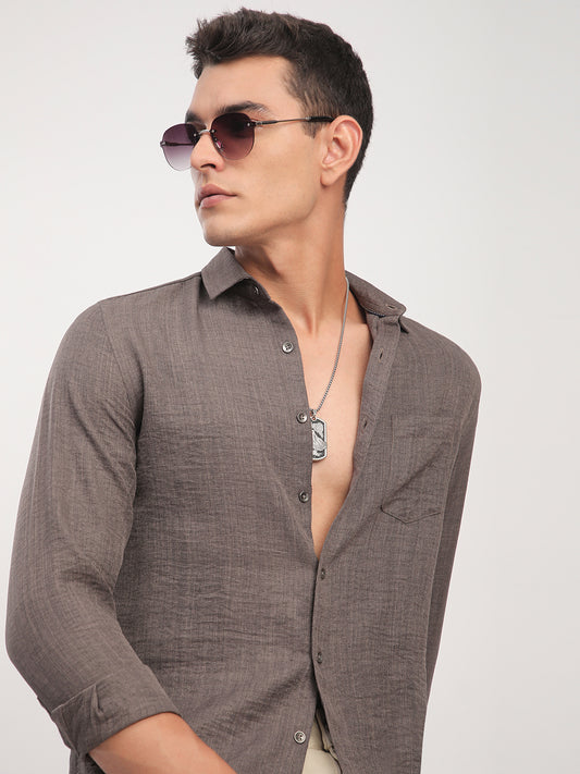 Taupe Minimalist Solid Crinkled Shirt