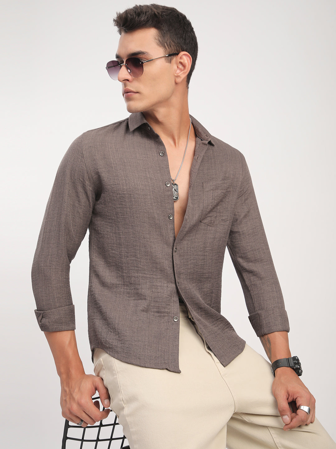 Taupe Minimalist Solid Crinkled Shirt