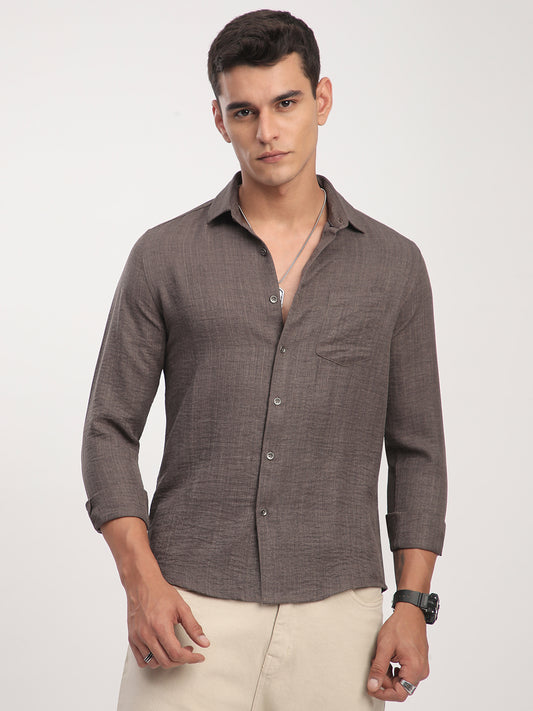 Taupe Minimalist Solid Crinkled Shirt