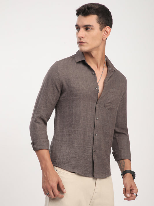 Taupe Minimalist Solid Crinkled Shirt