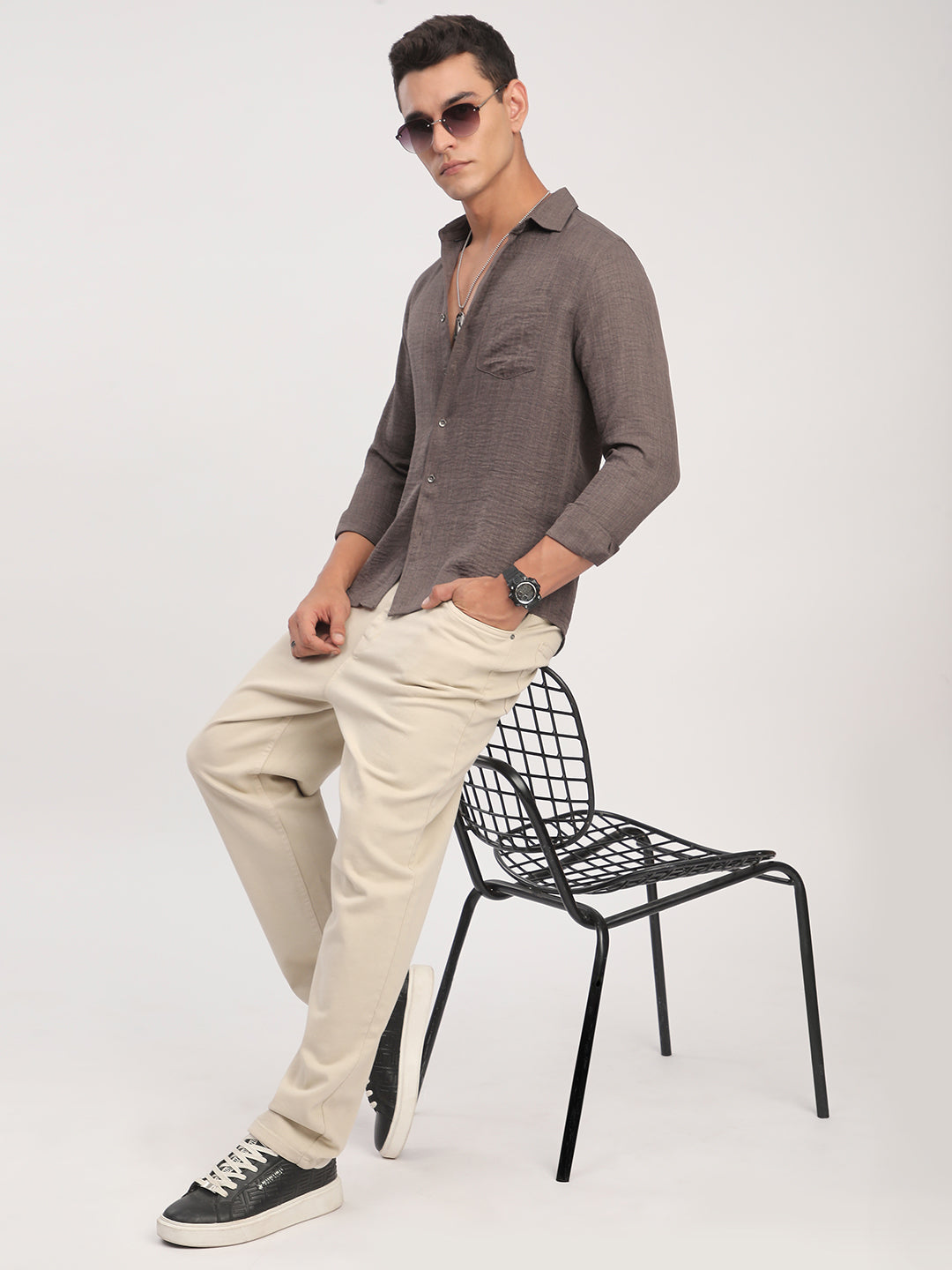 Taupe Minimalist Solid Crinkled Shirt
