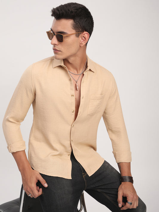 Tan Minimalist Solid Crinkled Shirt